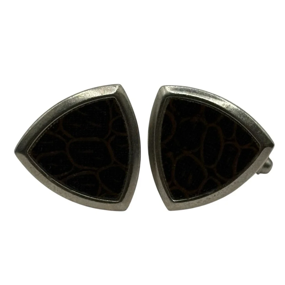Vintage Cuff Links Brown Leather Formal‎ Shirt Accessory Men's Silver Tone MCM